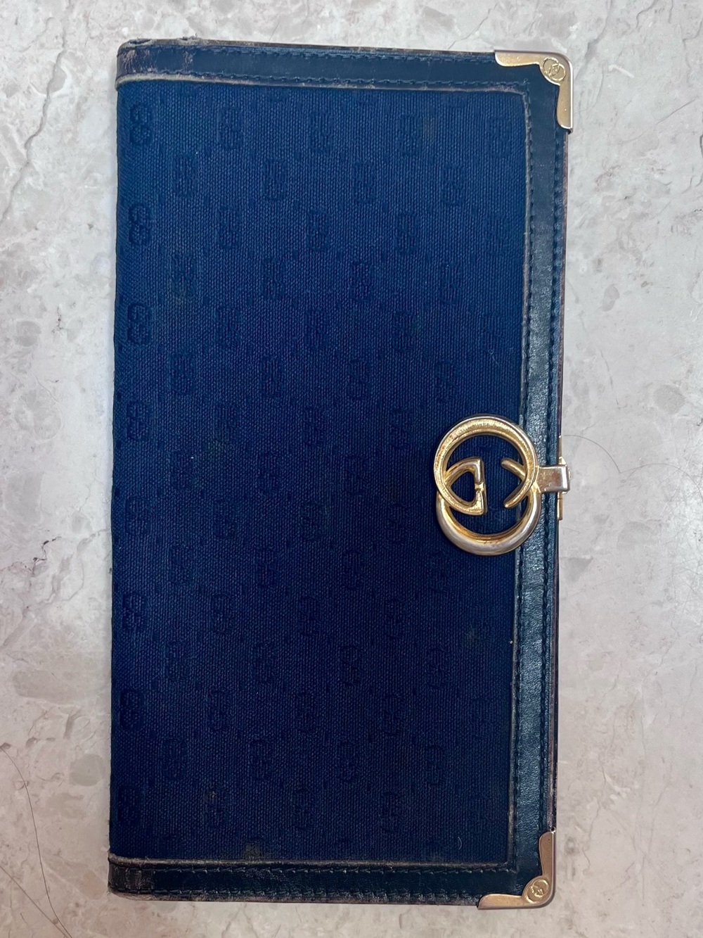 Vintage 80's GUCCI Logo Navy Blue Monogram Gold Hardware Jacquard Women's Wallet